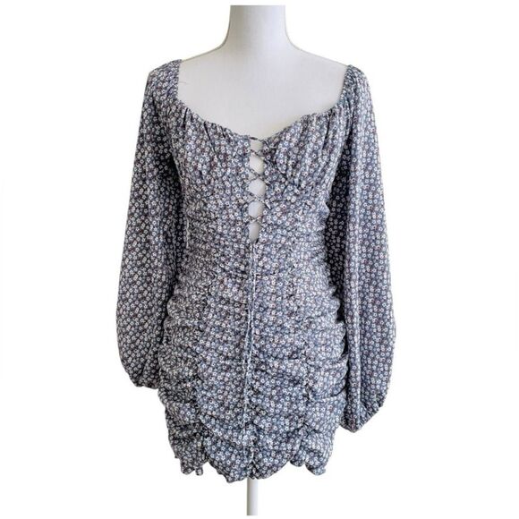 Mable Women Sm Milkmaid Mini Dress Ruching Lace Up Bodycon Long Sleeves